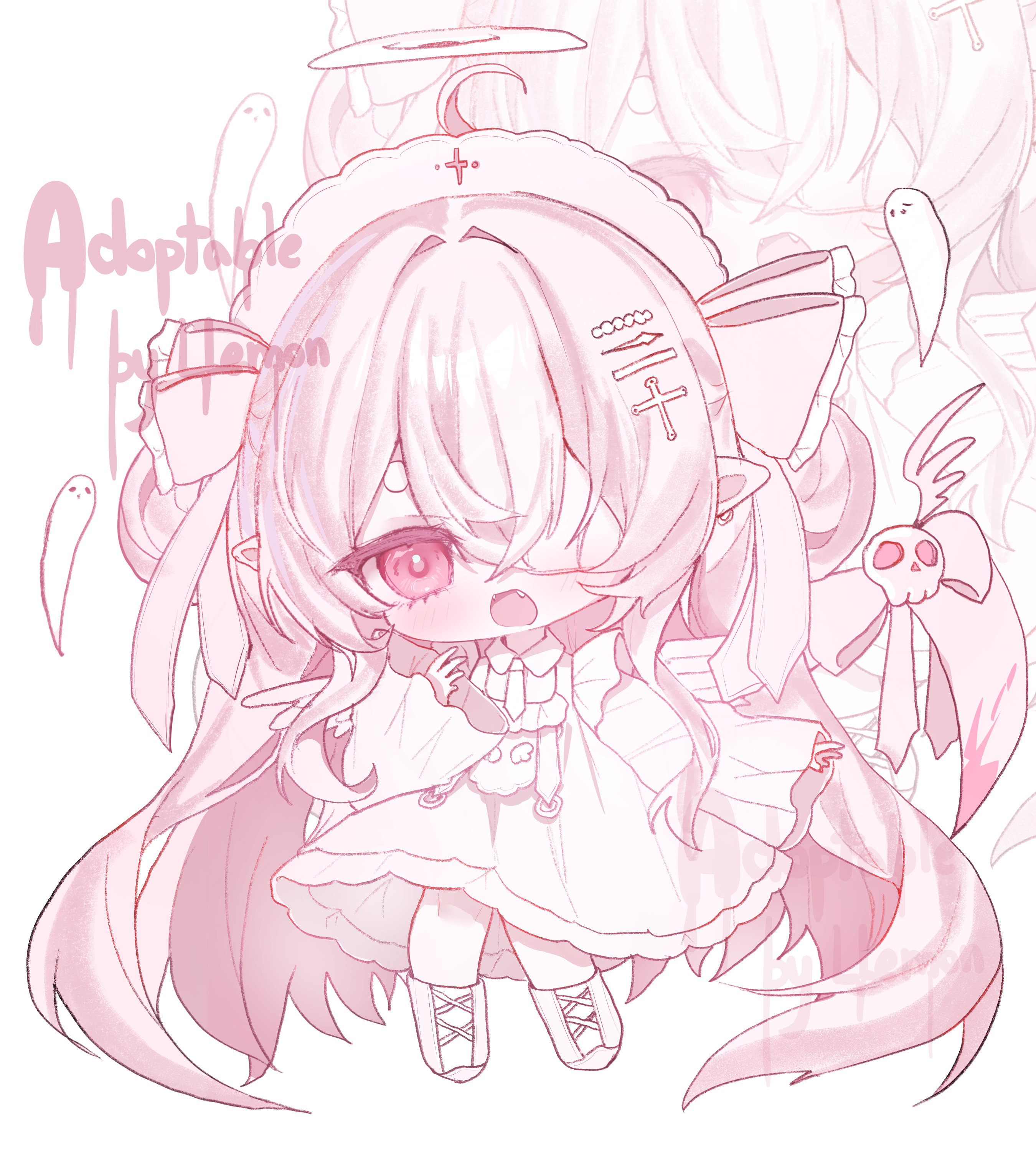 Saku / Sakura, a chibi ghostly girl with long pale hair, a frilly bonnet, a white dress, and tiny friendly ghosts around her